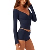 image:imageLASLULU Womens V Neck Long Sleeve Workout Tops Cross Wrap Off ShoulderNavy Blue
