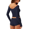 image:imageLASLULU Womens V Neck Long Sleeve Workout Tops Cross Wrap Off ShoulderNavy Blue