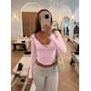 image:imageLASLULU Womens V Neck Long Sleeve Workout Tops Cross Wrap Off ShoulderPink
