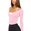 image:imageLASLULU Womens V Neck Long Sleeve Workout Tops Cross Wrap Off ShoulderPink
