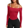image:imageLASLULU Womens Sexy Off The Shoulder Long Sleeve Strapless Workout Crop TopRed