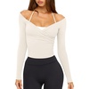image:imageLASLULU Womens V Neck Long Sleeve Workout Tops Cross Wrap Off ShoulderBeige