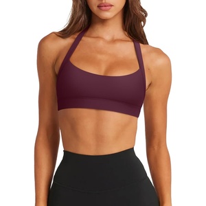 image:imageLASLULU Womens Halter Sports Bras Scoop Neck Workout Tops Padded BacklessBurgundy