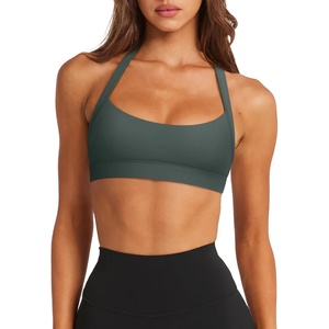 image:imageLASLULU Womens Halter Sports Bras Scoop Neck Workout Tops Padded BacklessForest Green