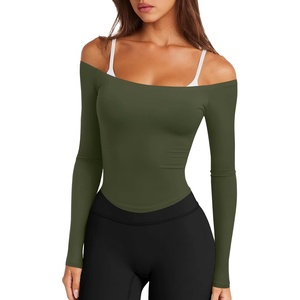 image:imageLASLULU Womens Sexy Off The Shoulder Long Sleeve Strapless Workout Crop TopArmy Green
