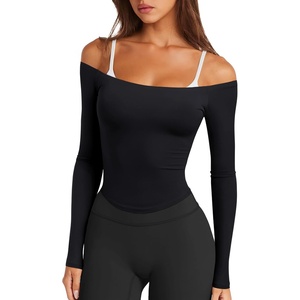 image:imageLASLULU Womens Sexy Off The Shoulder Long Sleeve Strapless Workout Crop TopBlack