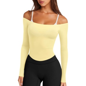 image:imageLASLULU Womens Sexy Off The Shoulder Long Sleeve Strapless Workout Crop TopButter Yellow