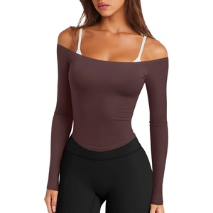 image:imageLASLULU Womens Sexy Off The Shoulder Long Sleeve Strapless Workout Crop TopCoffee