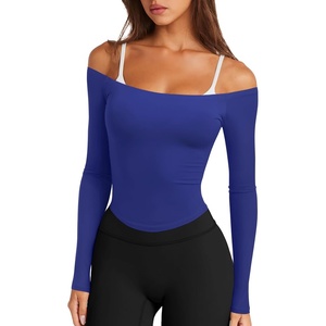 image:imageLASLULU Womens Sexy Off The Shoulder Long Sleeve Strapless Workout Crop TopKlein Blue