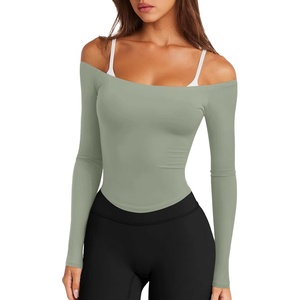 image:imageLASLULU Womens Sexy Off The Shoulder Long Sleeve Strapless Workout Crop TopLight Green