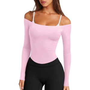 image:imageLASLULU Womens Sexy Off The Shoulder Long Sleeve Strapless Workout Crop TopLight Pink