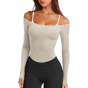 image:imageLASLULU Womens Sexy Off The Shoulder Long Sleeve Strapless Workout Crop TopOak