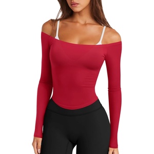 image:imageLASLULU Womens Sexy Off The Shoulder Long Sleeve Strapless Workout Crop TopRed