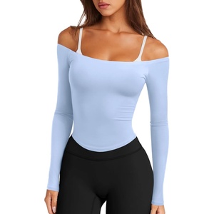 image:imageLASLULU Womens Sexy Off The Shoulder Long Sleeve Strapless Workout Crop TopSky Blue