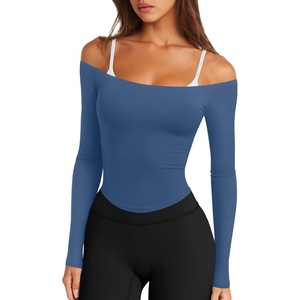 image:imageLASLULU Womens Sexy Off The Shoulder Long Sleeve Strapless Workout Crop TopStarry Blue