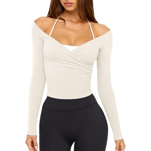 image:imageLASLULU Womens V Neck Long Sleeve Workout Tops Cross Wrap Off ShoulderBeige