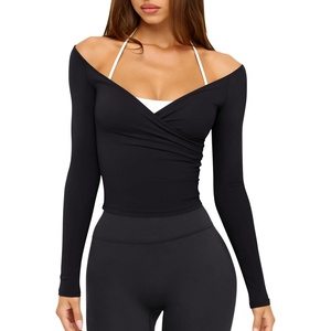 image:imageLASLULU Womens V Neck Long Sleeve Workout Tops Cross Wrap Off ShoulderBlack