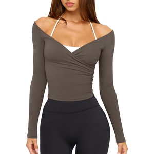 image:imageLASLULU Womens V Neck Long Sleeve Workout Tops Cross Wrap Off ShoulderCoffee