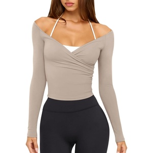 image:imageLASLULU Womens V Neck Long Sleeve Workout Tops Cross Wrap Off ShoulderLight Coffee