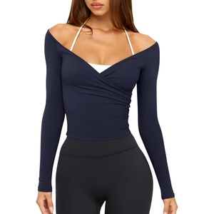 image:imageLASLULU Womens V Neck Long Sleeve Workout Tops Cross Wrap Off ShoulderNavy Blue
