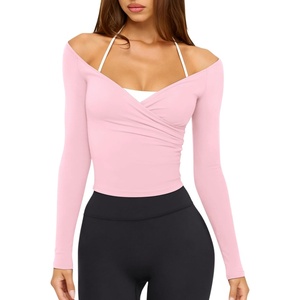image:imageLASLULU Womens V Neck Long Sleeve Workout Tops Cross Wrap Off ShoulderPink