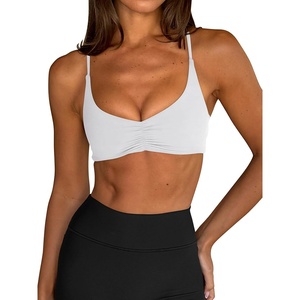 image:imageLASLULU Womens Sexy Sports Bra Padded Strappy Back Gym Bra Adjustable  Cute Halter Criss Cross Back Micro Sport BraRuched DecorLow ImpactAthletic Activewear Topsfor Workout Yoga Pilates GymWhite