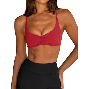 image:imageLASLULU Womens Sexy Sports Bra Padded Strappy Back Gym Bra Adjustable  Cute Halter Criss Cross Back Micro Sport BraRuched DecorLow ImpactAthletic Activewear Topsfor Workout Yoga Pilates GymRed