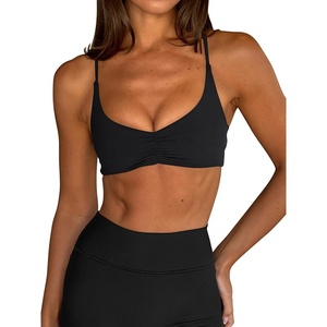 image:imageLASLULU Womens Sexy Sports Bra Padded Strappy Back Gym Bra Adjustable  Cute Halter Criss Cross Back Micro Sport BraRuched DecorLow ImpactAthletic Activewear Topsfor Workout Yoga Pilates GymBlack