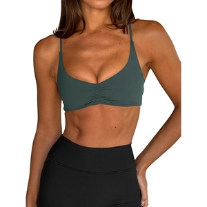 image:imageLASLULU Womens Sexy Sports Bra Padded Strappy Back Gym Bra Adjustable  Cute Halter Criss Cross Back Micro Sport BraRuched DecorLow ImpactAthletic Activewear Topsfor Workout Yoga Pilates GymForest Green