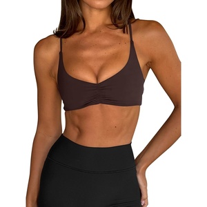 image:imageLASLULU Womens Sexy Sports Bra Padded Strappy Back Gym Bra Adjustable  Cute Halter Criss Cross Back Micro Sport BraRuched DecorLow ImpactAthletic Activewear Topsfor Workout Yoga Pilates GymEspresso