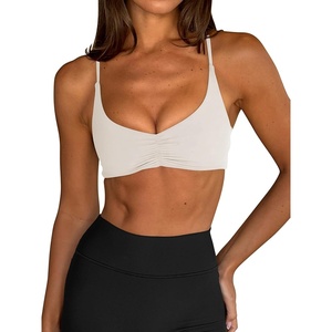 image:imageLASLULU Womens Sexy Sports Bra Padded Strappy Back Gym Bra Adjustable  Cute Halter Criss Cross Back Micro Sport BraRuched DecorLow ImpactAthletic Activewear Topsfor Workout Yoga Pilates GymChampagne