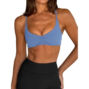 image:imageLASLULU Womens Sexy Sports Bra Padded Strappy Back Gym Bra Adjustable  Cute Halter Criss Cross Back Micro Sport BraRuched DecorLow ImpactAthletic Activewear Topsfor Workout Yoga Pilates GymSky Blue