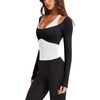 image:imageLASLULU Womens Colorblock Padded Long Sleeve Workout Tops Pilates Yoga Gym  Off the ShoulderBuilt in BraV NeckRacerbackLayeredTwoinOne PieceAthletic Activewear Ballet TopCute Going Out TopsBlack