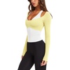 image:imageLASLULU Womens Colorblock Padded Long Sleeve Workout Tops Pilates Yoga Gym  Off the ShoulderBuilt in BraV NeckRacerbackLayeredTwoinOne PieceAthletic Activewear Ballet TopCute Going Out TopsButter Yellow
