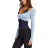 image:imageLASLULU Womens Colorblock Padded Long Sleeve Workout Tops Pilates Yoga Gym  Off the ShoulderBuilt in BraV NeckRacerbackLayeredTwoinOne PieceAthletic Activewear Ballet TopCute Going Out TopsBlue