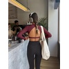 image:imageLASLULU Womens Long Sleeve Workout Crop Top Open Back Slim Shirt  High Neck CrewneckBacklessAthletic Gym Yoga Pilates TopsFitted TightDance Sport TopSexy CuteGoing Out TopWine Red