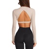 image:imageLASLULU Womens Long Sleeve Workout Crop Top Open Back Slim Shirt  High Neck CrewneckBacklessAthletic Gym Yoga Pilates TopsFitted TightDance Sport TopSexy CuteGoing Out TopKhaki