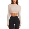 image:imageLASLULU Womens Long Sleeve Workout Crop Top Open Back Slim Shirt  High Neck CrewneckBacklessAthletic Gym Yoga Pilates TopsFitted TightDance Sport TopSexy CuteGoing Out TopKhaki