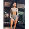 image:imageLASLULU Womens Long Sleeve Workout Crop Top Open Back Slim Shirt  High Neck CrewneckBacklessAthletic Gym Yoga Pilates TopsFitted TightDance Sport TopSexy CuteGoing Out TopKhaki