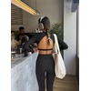 image:imageLASLULU Womens Long Sleeve Workout Crop Top Open Back Slim Shirt  High Neck CrewneckBacklessAthletic Gym Yoga Pilates TopsFitted TightDance Sport TopSexy CuteGoing Out TopBlack