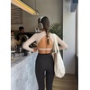 image:imageLASLULU Womens Long Sleeve Workout Crop Top Open Back Slim Shirt  High Neck CrewneckBacklessAthletic Gym Yoga Pilates TopsFitted TightDance Sport TopSexy CuteGoing Out TopKhaki