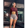image:imageLASLULU Womens Long Sleeve Workout Crop Top Open Back Slim Shirt  High Neck CrewneckBacklessAthletic Gym Yoga Pilates TopsFitted TightDance Sport TopSexy CuteGoing Out TopWine Red