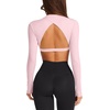 image:imageLASLULU Womens Long Sleeve Workout Crop Top Open Back Slim Shirt  High Neck CrewneckBacklessAthletic Gym Yoga Pilates TopsFitted TightDance Sport TopSexy CuteGoing Out TopPink