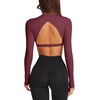 image:imageLASLULU Womens Long Sleeve Workout Crop Top Open Back Slim Shirt  High Neck CrewneckBacklessAthletic Gym Yoga Pilates TopsFitted TightDance Sport TopSexy CuteGoing Out TopWine Red