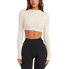 image:imageLASLULU Womens Long Sleeve Workout Crop Top Open Back Slim Shirt  High Neck CrewneckBacklessAthletic Gym Yoga Pilates TopsFitted TightDance Sport TopSexy CuteGoing Out TopBeige