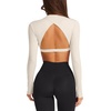 image:imageLASLULU Womens Long Sleeve Workout Crop Top Open Back Slim Shirt  High Neck CrewneckBacklessAthletic Gym Yoga Pilates TopsFitted TightDance Sport TopSexy CuteGoing Out TopBeige