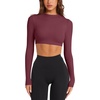 image:imageLASLULU Womens Long Sleeve Workout Crop Top Open Back Slim Shirt  High Neck CrewneckBacklessAthletic Gym Yoga Pilates TopsFitted TightDance Sport TopSexy CuteGoing Out TopWine Red