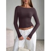 image:imageLASLULU Womens Semi Sheer Square Neck Long Sleeve Workout Tops Wrap Top  See Through FabricLettuce EdgeReversible NecklineFitted Athletic Shirtsfor Ballet Yoga PilatesLayering Over Workout SetsPurplish Brown