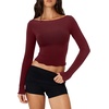 image:imageLASLULU Womens Semi Sheer Square Neck Long Sleeve Workout Tops Wrap Top  See Through FabricLettuce EdgeReversible NecklineFitted Athletic Shirtsfor Ballet Yoga PilatesLayering Over Workout SetsBurgundy
