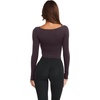 image:imageLASLULU Womens Semi Sheer Square Neck Long Sleeve Workout Tops Wrap Top  See Through FabricLettuce EdgeReversible NecklineFitted Athletic Shirtsfor Ballet Yoga PilatesLayering Over Workout SetsPurplish Brown